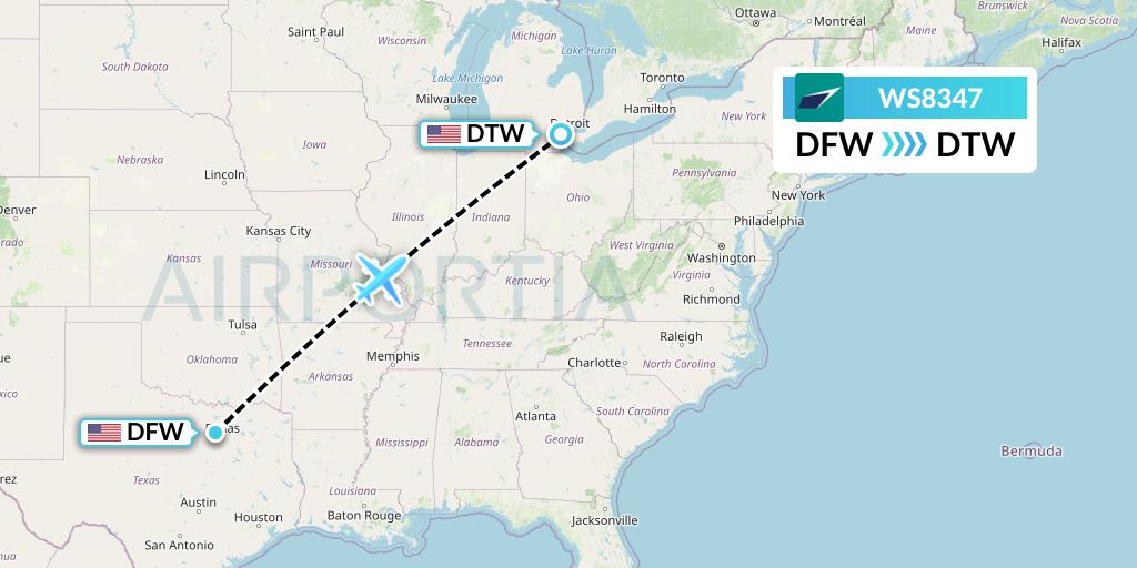 WS8347 WestJet Flight Map: Dallas to Detroit