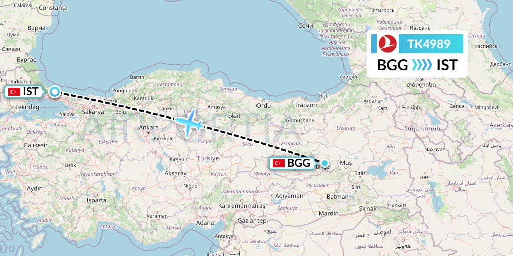 TK4989 Turkish Airlines Flight Map: Bingol to Istanbul
