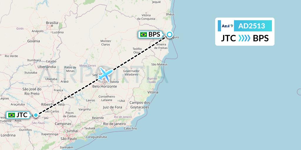 AD2513 Azul Brazilian Airlines Flight Map: Bauru to Porto Seguro