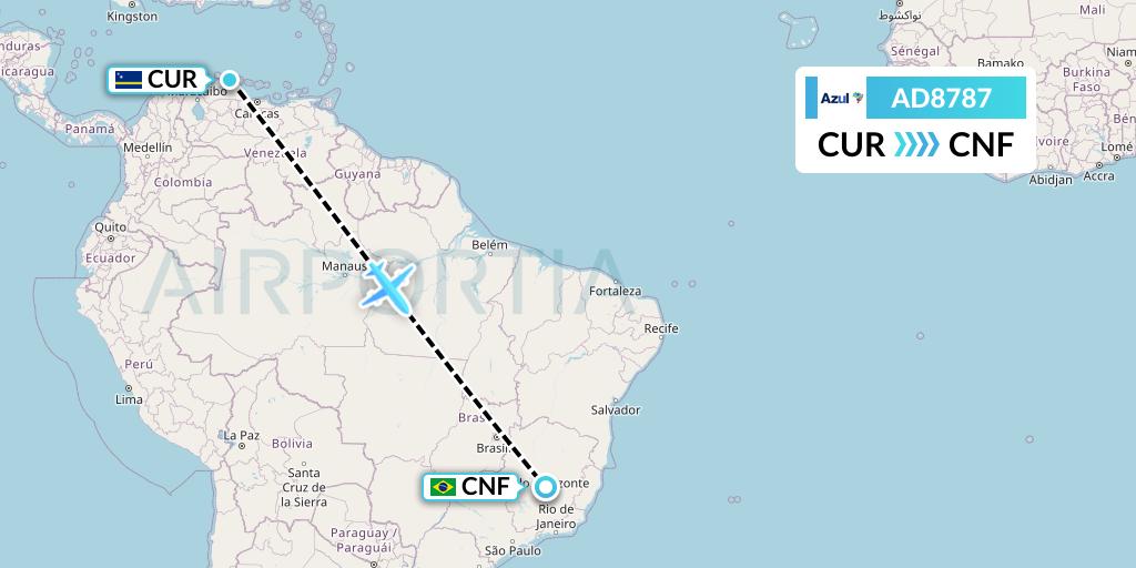 AD8787 Azul Brazilian Airlines Flight Map: Willemstad to Belo Horizonte