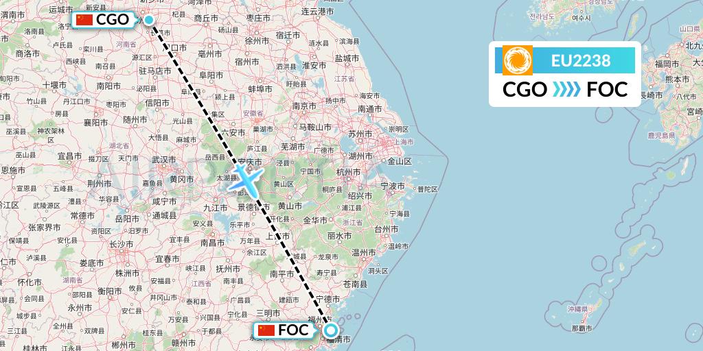 EU2238 Chengdu Airlines Flight Map: Zhengzhou to Fuzhou