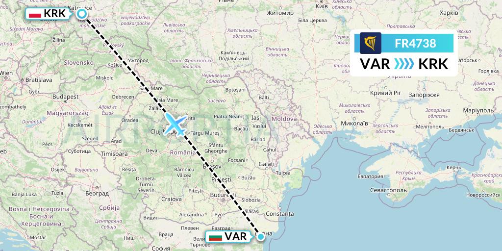 FR4738 Ryanair Flight Map: Varna to Krakow