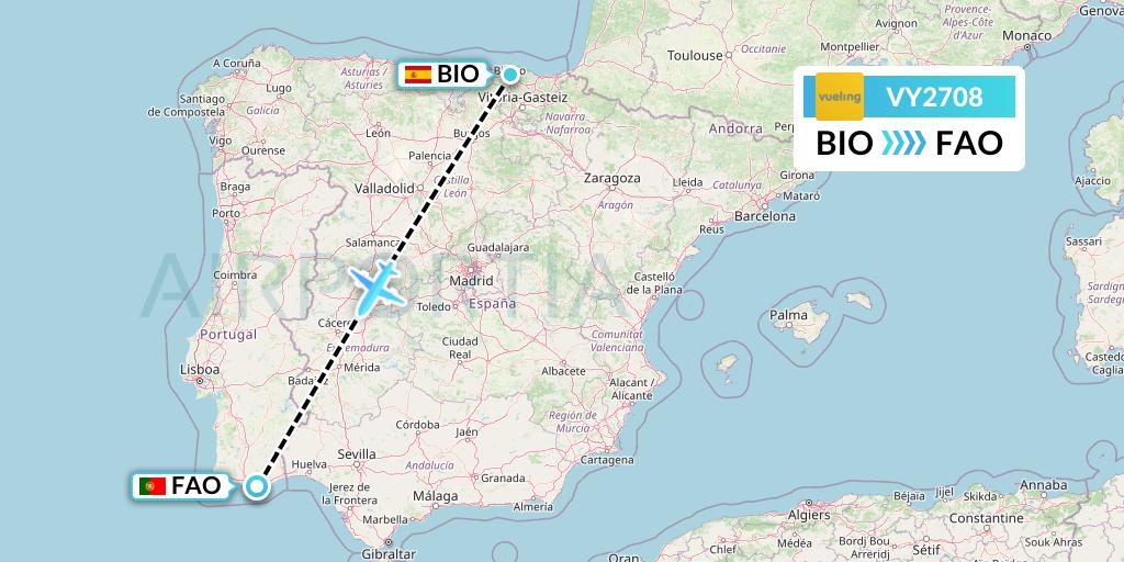VY2708 Vueling Flight Map: Bilbao to Faro