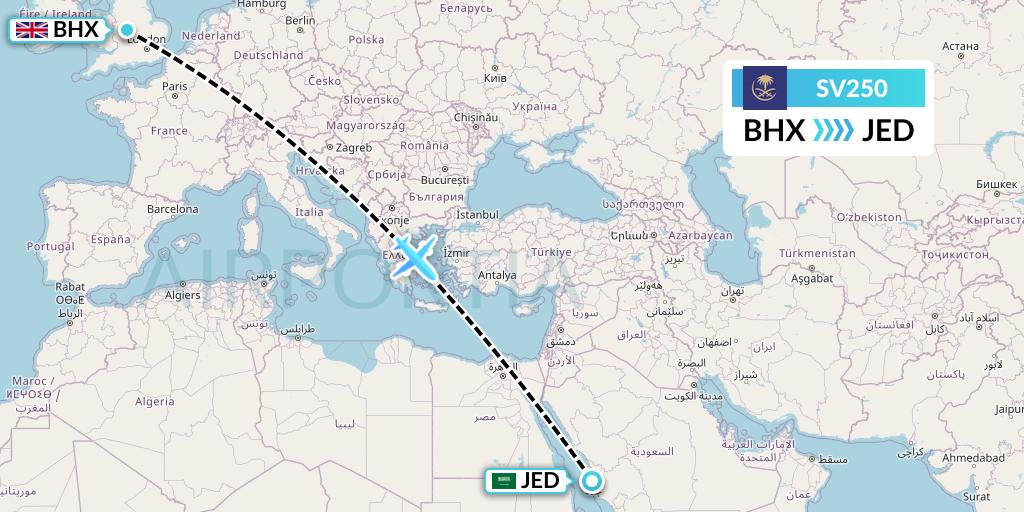 SV250 Flight Status Saudi Arabian Airlines Birmingham to Jeddah (SVA250)