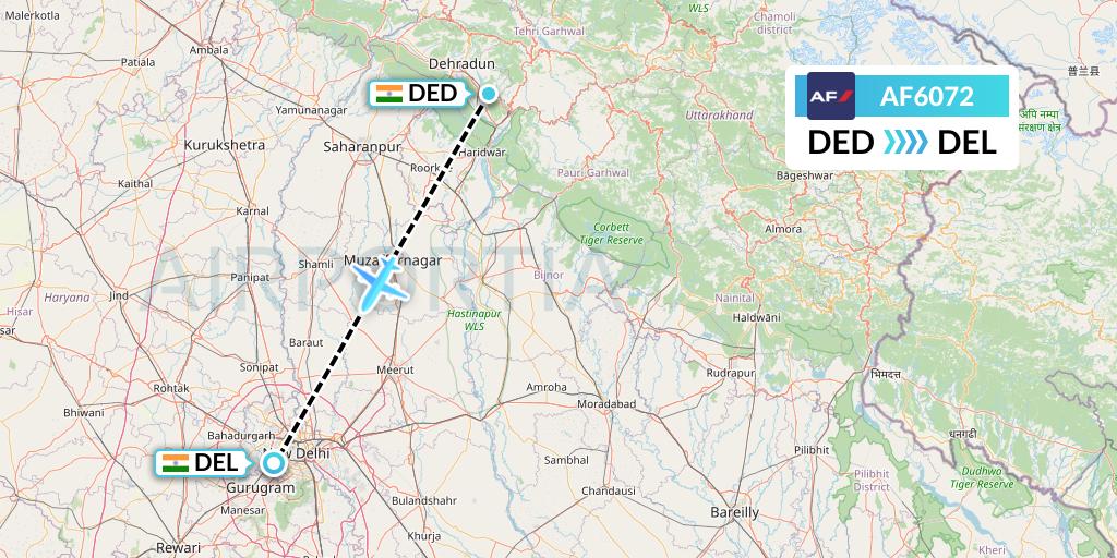 AF6072 Air France Flight Map: Dehradun to Delhi