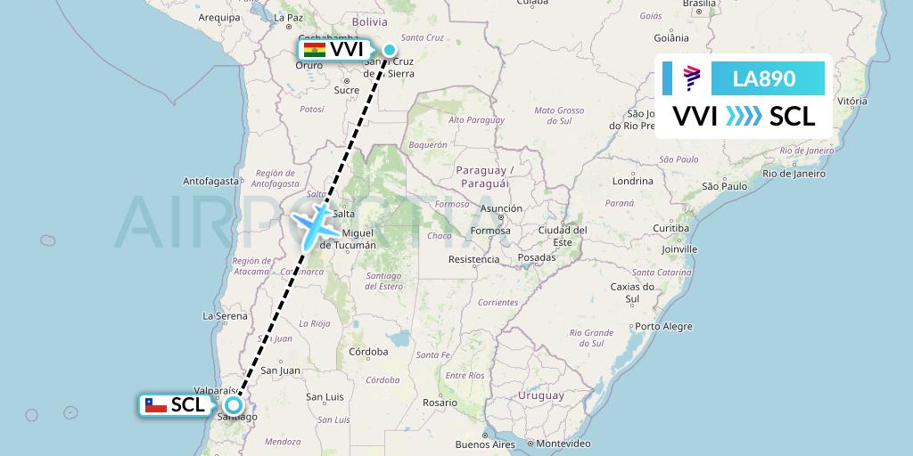 LA890 LAN Airlines Flight Map: Santa Cruz to Santiago