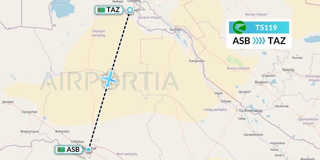 T5119 Turkmenistan Airlines Flight Map: Ashgabat to Dasoguz
