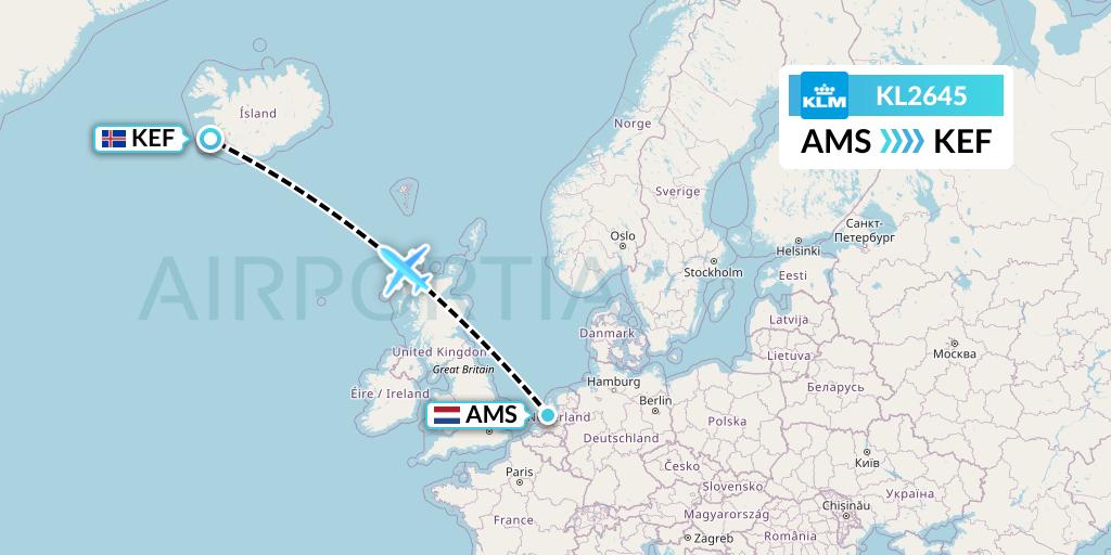 KL2645 KLM Flight Map: Amsterdam to Reykjavik