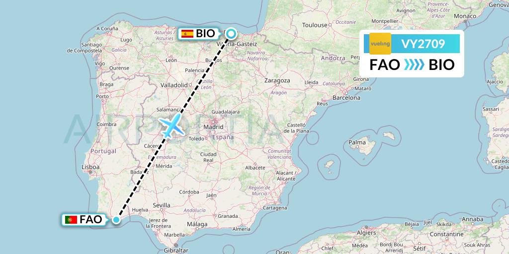 VY2709 Vueling Flight Map: Faro to Bilbao