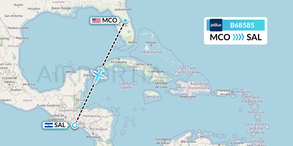 B68585 JetBlue Airways Flight Map: Orlando to San Salvador