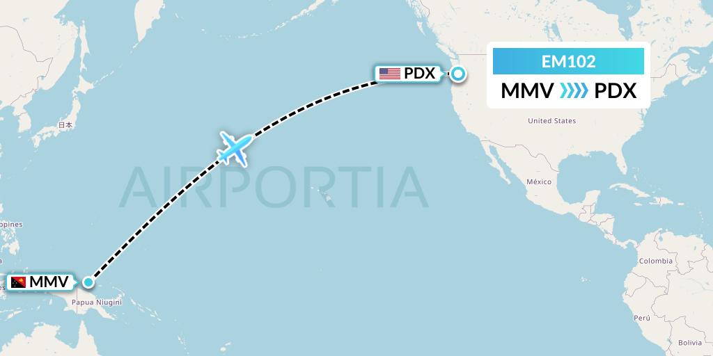 EM102 Empire Airlines Flight Map: Mal Island to Portland