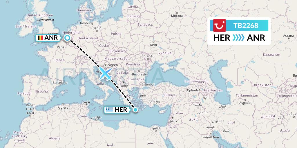 TB2268 TUI fly Belgium Flight Map: Heraklion to Antwerp