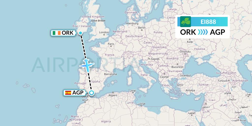 EI888 Aer Lingus Flight Map: Cork to Malaga