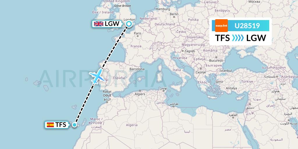 U28519 EasyJet Flight Map: Tenerife to London
