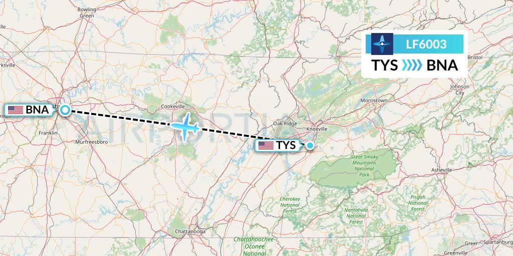 LF6003 Flight Status Corporate Flight Management Knoxville to Nashville (VTE6003)