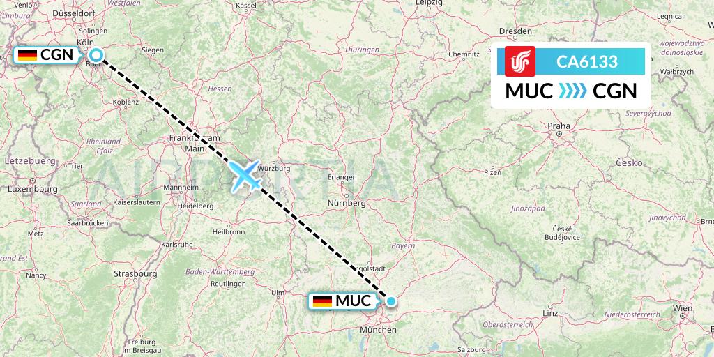 CA6133 Air China Flight Map: Munich to Cologne