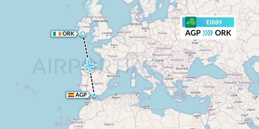 EI889 Aer Lingus Flight Map: Malaga to Cork