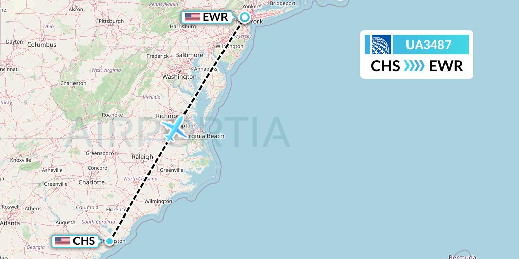 UA3487 United Airlines Flight Map: Charleston to New York