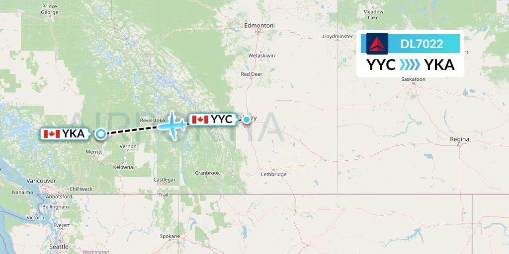 DL7022 Delta Air Lines Flight Map: Calgary to Kamloops