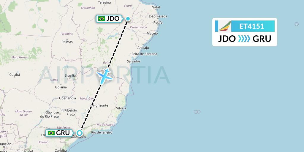 ET4151 Ethiopian Airlines Flight Map: Juazeiro Do Norte to Sao Paulo