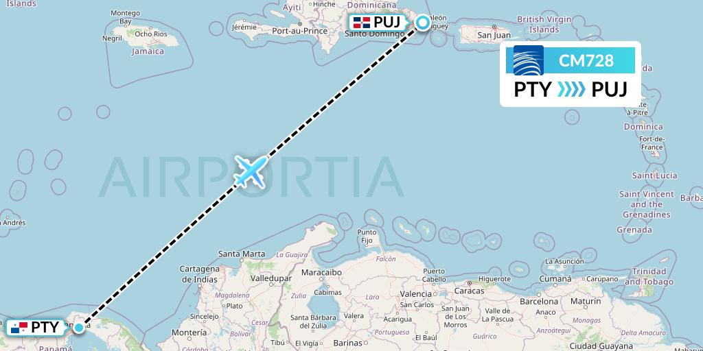 CM728 Copa Airlines Flight Map: Panama City to Punta Cana