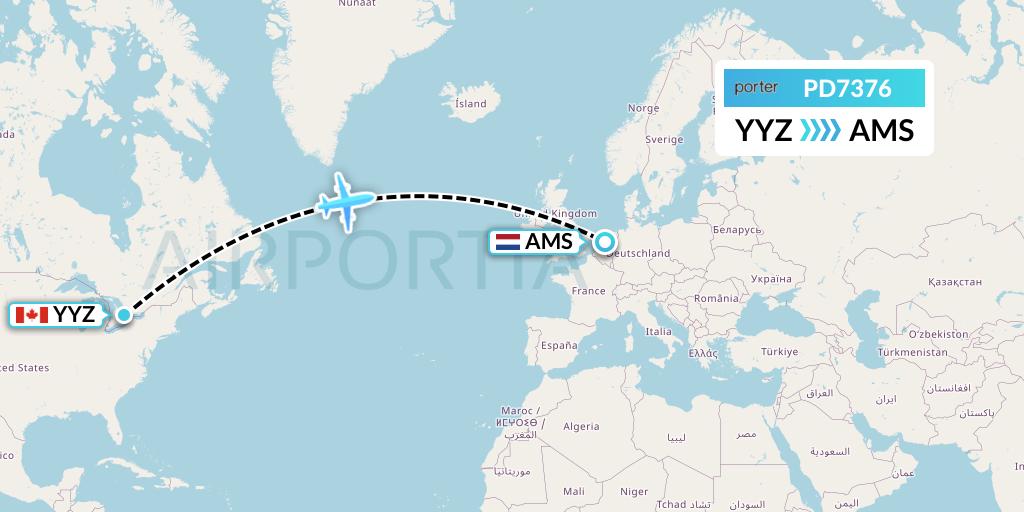 PD7376 Porter Airlines Flight Map: Toronto to Amsterdam