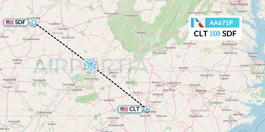 AA671P American Airlines Flight Map: Charlotte to Louisville