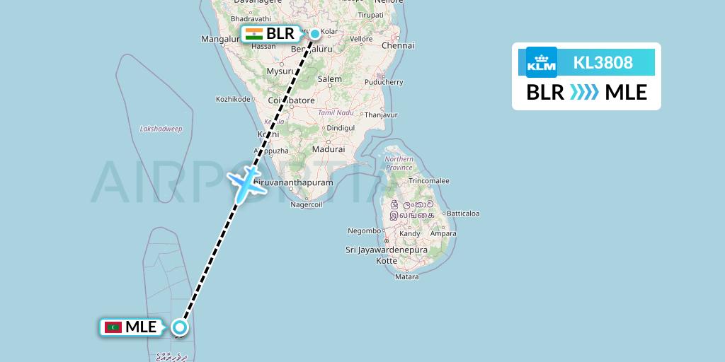 KL3808 KLM Flight Map: Bangalore to Male