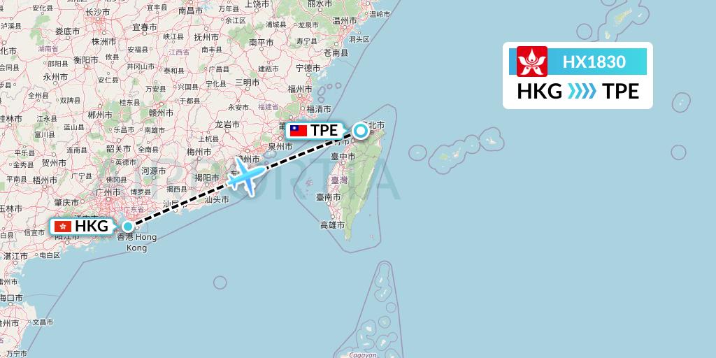 HX1830 Hong Kong Airlines Flight Map: Hong Kong to Taipei