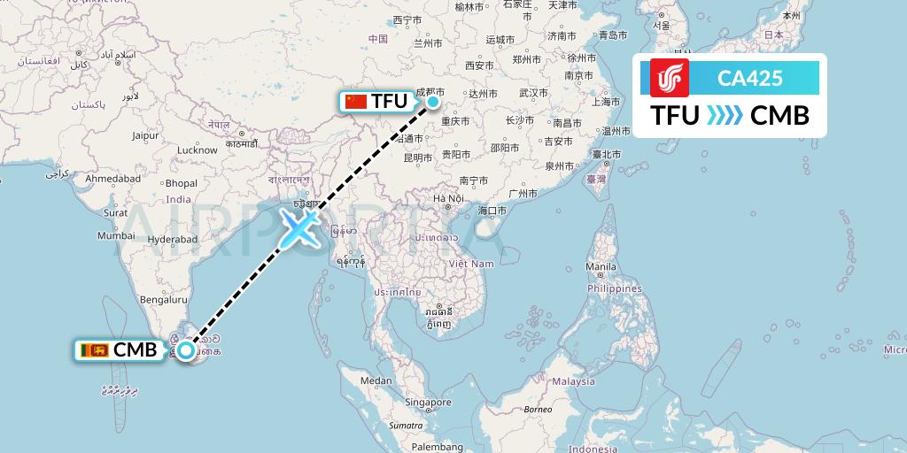 CA425 Air China Flight Map: Chengdu to Colombo