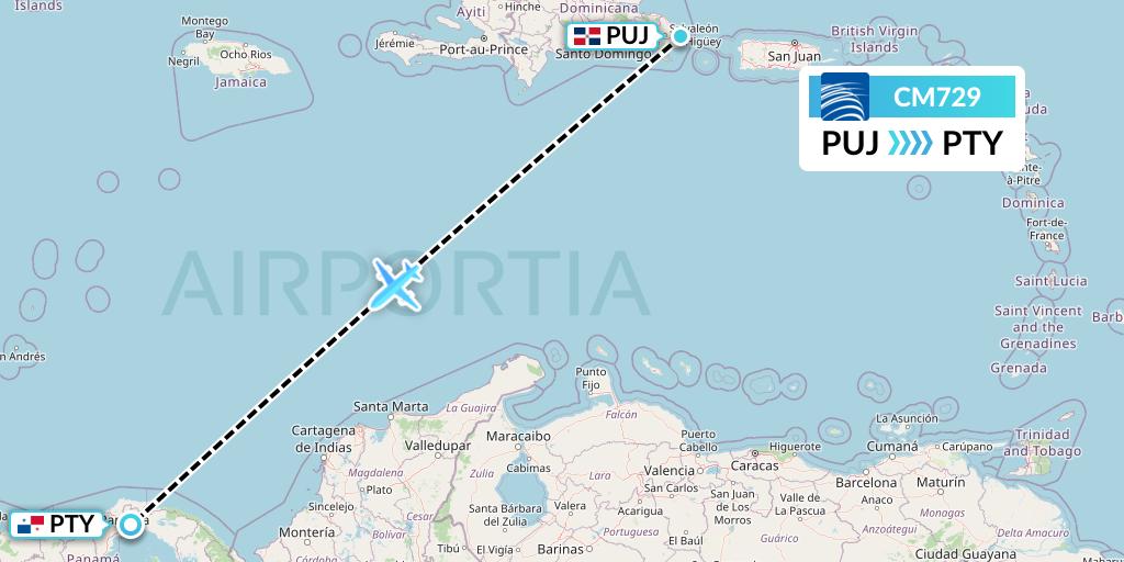 CM729 Copa Airlines Flight Map: Punta Cana to Panama City