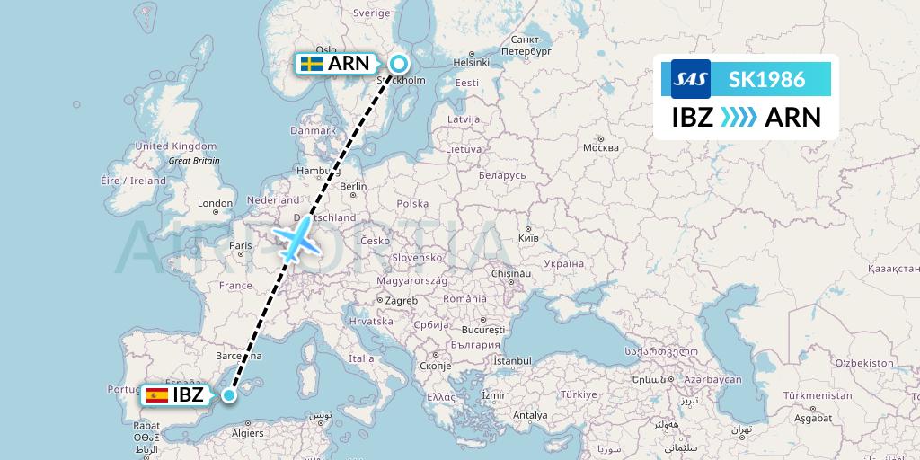 SK1986 SAS Flight Map: Ibiza to Stockholm