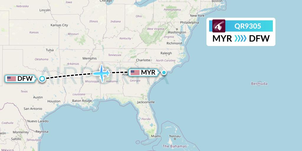 QR9305 Qatar Airways Flight Map: Myrtle Beach to Dallas