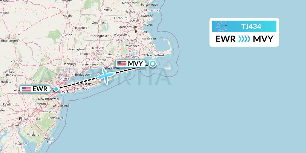TJ434 Tradewind Aviation Flight Map: New York to Martha's Vineyard