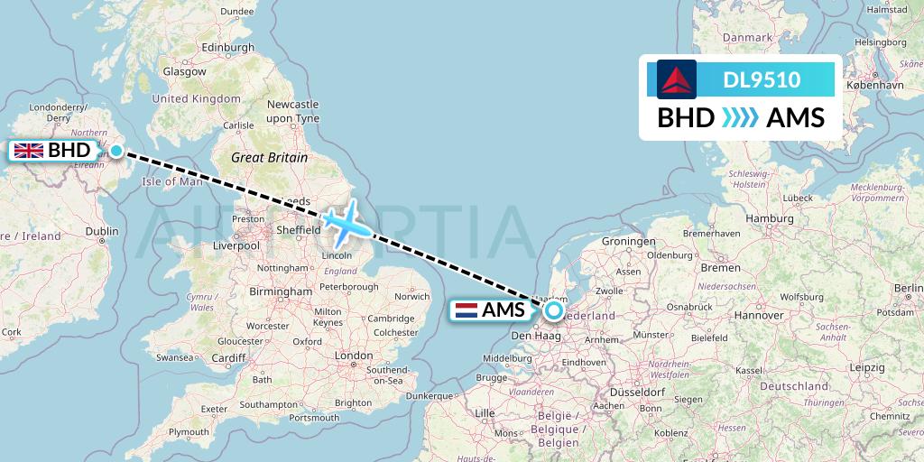 DL9510 Delta Air Lines Flight Map: Belfast to Amsterdam