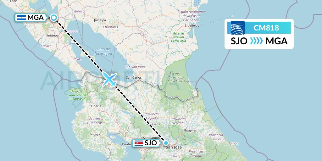 CM818 Copa Airlines Flight Map: San Jose to Managua