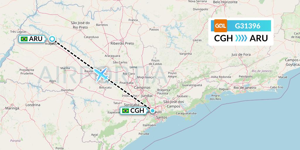 G31396 GOL Transportes Aeros Flight Map: Sao Paulo to Aracatuba