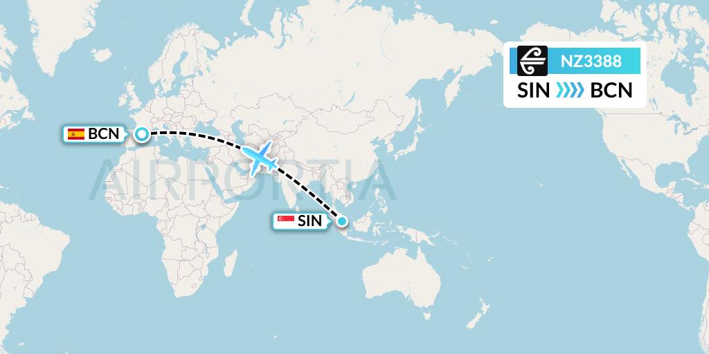 NZ3388 Air New Zealand Flight Map: Singapore to Barcelona