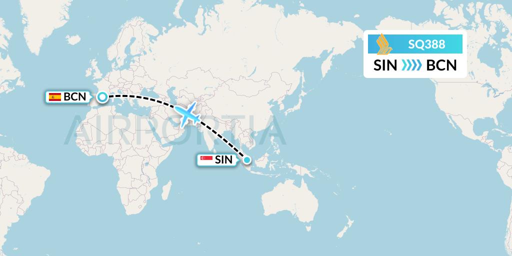 SQ388 Singapore Airlines Flight Map: Singapore to Barcelona