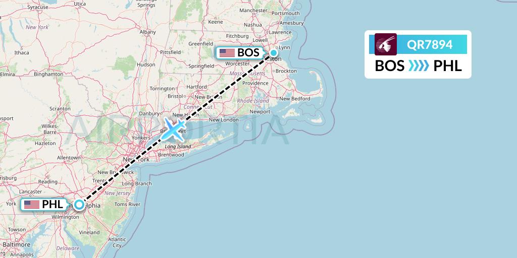 QR7894 Qatar Airways Flight Map: Boston to Philadelphia