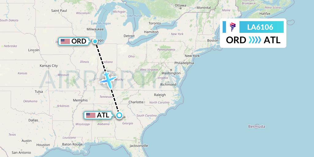 LA6106 LAN Airlines Flight Map: Chicago to Atlanta