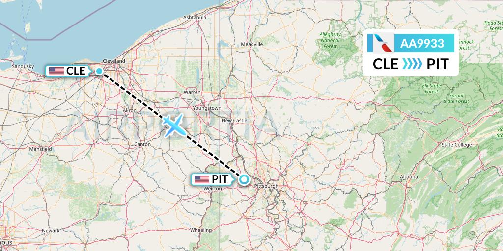 AA9933 American Airlines Flight Map: Cleveland to Pittsburgh