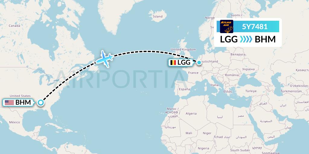 5Y7481 Atlas Air Flight Map: Liege to Birmingham