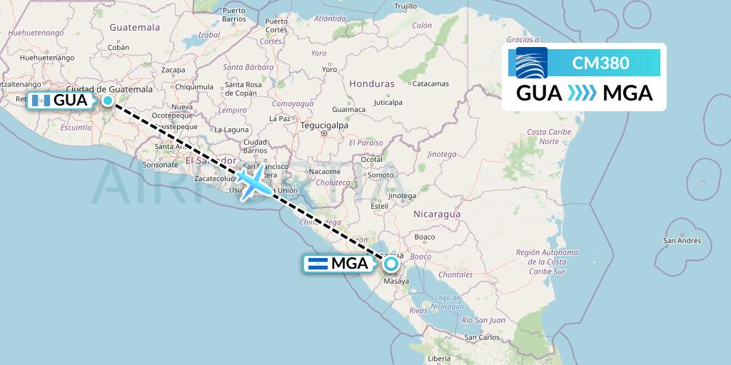 CM380 Copa Airlines Flight Map: Guatemala City to Managua