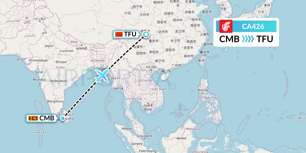 CA426 Air China Flight Map: Colombo to Chengdu