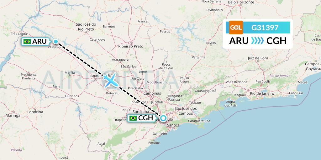 G31397 GOL Transportes Aeros Flight Map: Aracatuba to Sao Paulo