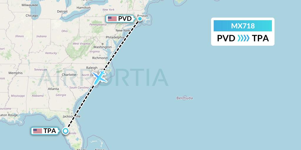 MX718 Breeze Airways Flight Map: Providence to Tampa