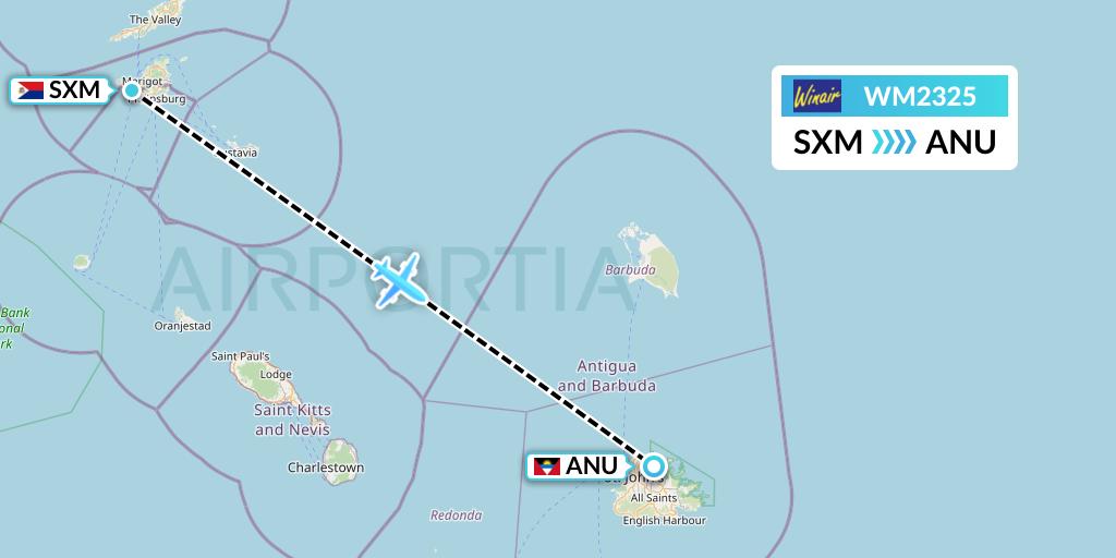 WM2325 Winair Flight Map: Sint Maarten to Antigua