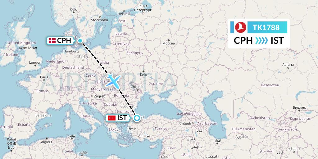 TK1788 Turkish Airlines Flight Map: Copenhagen to Istanbul