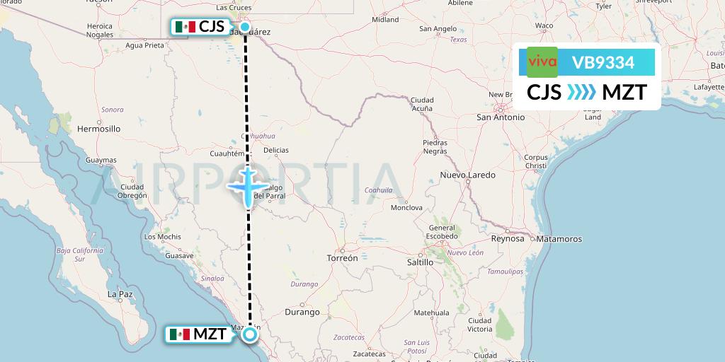 VB9334 VivaAerobus Flight Map: Ciudad Juarez to Mazatlan